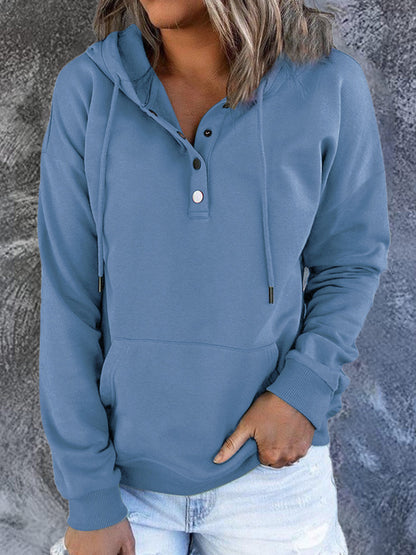 Solid Button Front Hoodie with Pocket