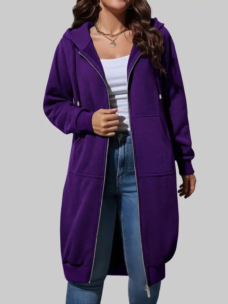Women's Casual Long Hooded Zip Up Jacket