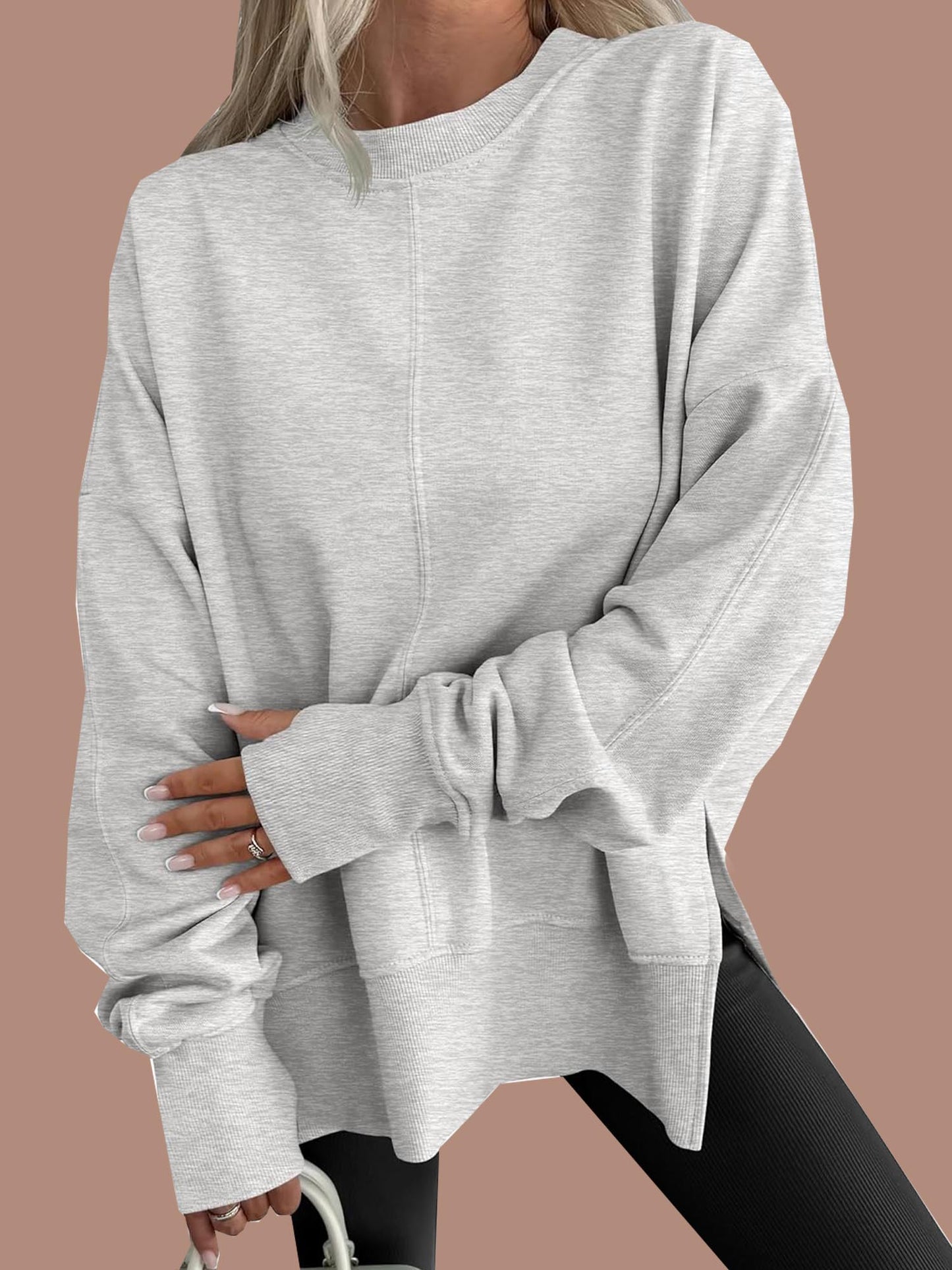 Women's Oversized Thumbhole Long Sleeve Side Slit Sweatshirt