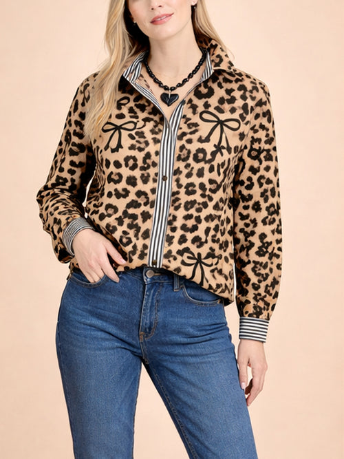 Women's Vintage Leopard Print Bow-Detailed Long-Sleeve Blouse