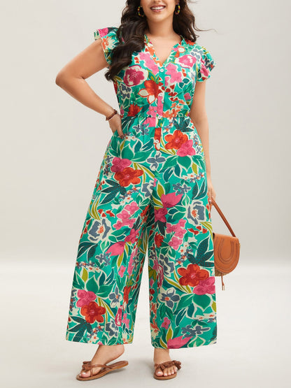 Women's Ruffle Sleeve V-Neck Floral Jumpsuit