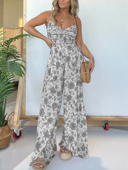 Floral Suspender Wide-leg Jumpsuit