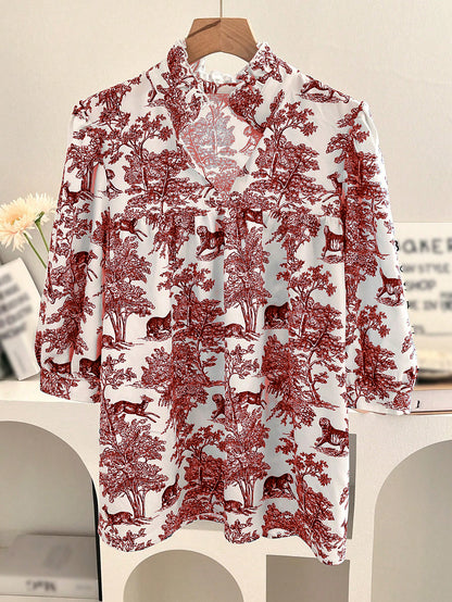 Women's V-neck Ruffle Collar Printed Shirts