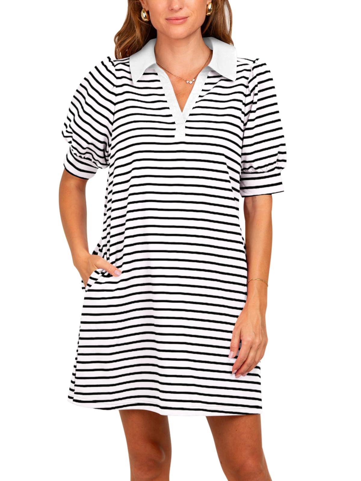 Women's Striped Puff Polo T-shirt Dresses with Pockets