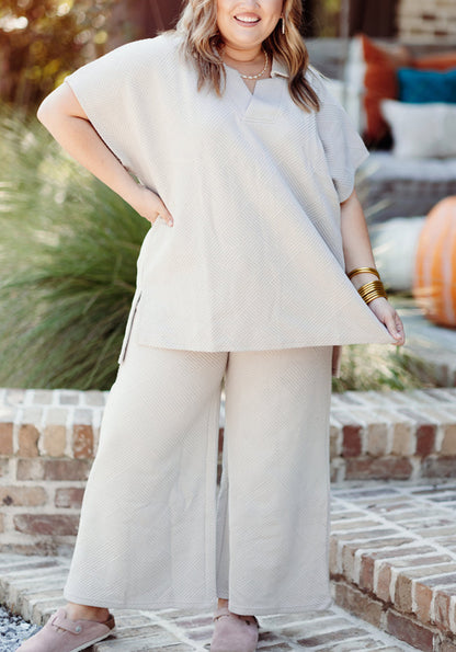 New Textured V Neck Top and Pants Casual Set