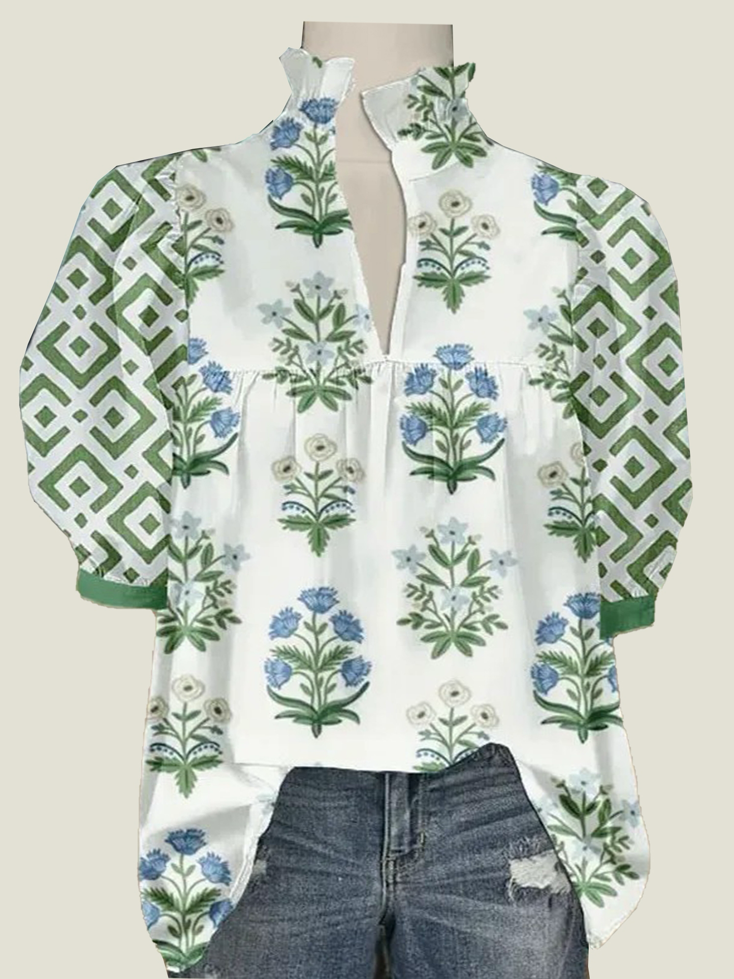 Women's V Neck Puff Sleeve Floral Print Blouse