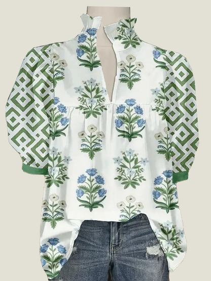 Women's V Neck Puff Sleeve Floral Print Blouse