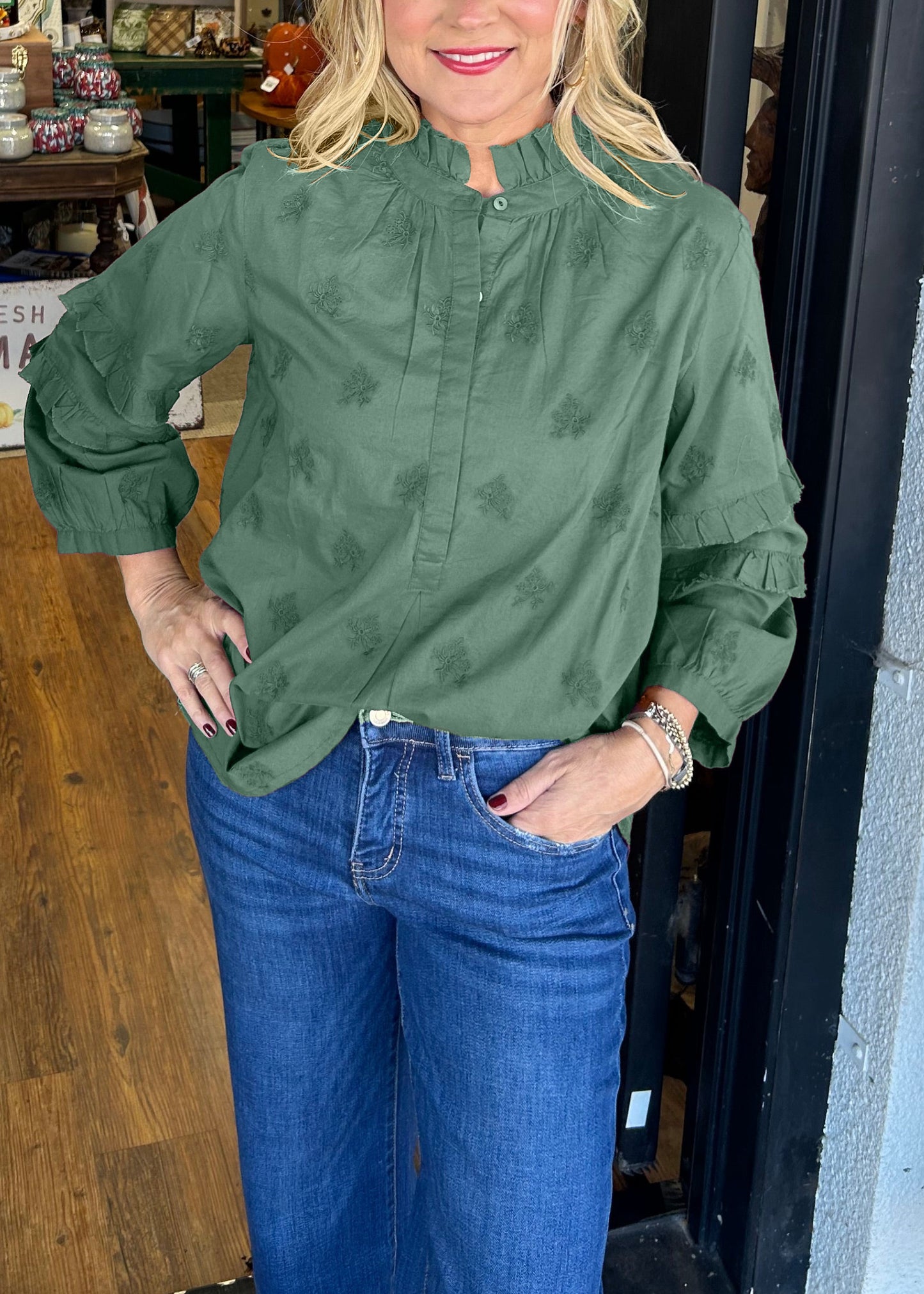 Women's Strawberry Print Ruffle Sleeve Shirt