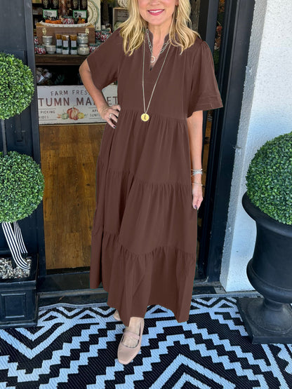 Women's V-Neck Tiered Midi Dress with Pockets