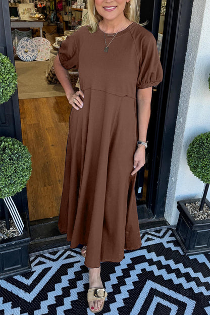 Women's Solid Puff Sleeve Long Dress With Pockets