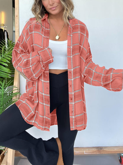 Women's Plaid Button Down Shirt with Elbow Patch Detailing