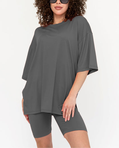 Women's Oversized Solid Biker Short Set
