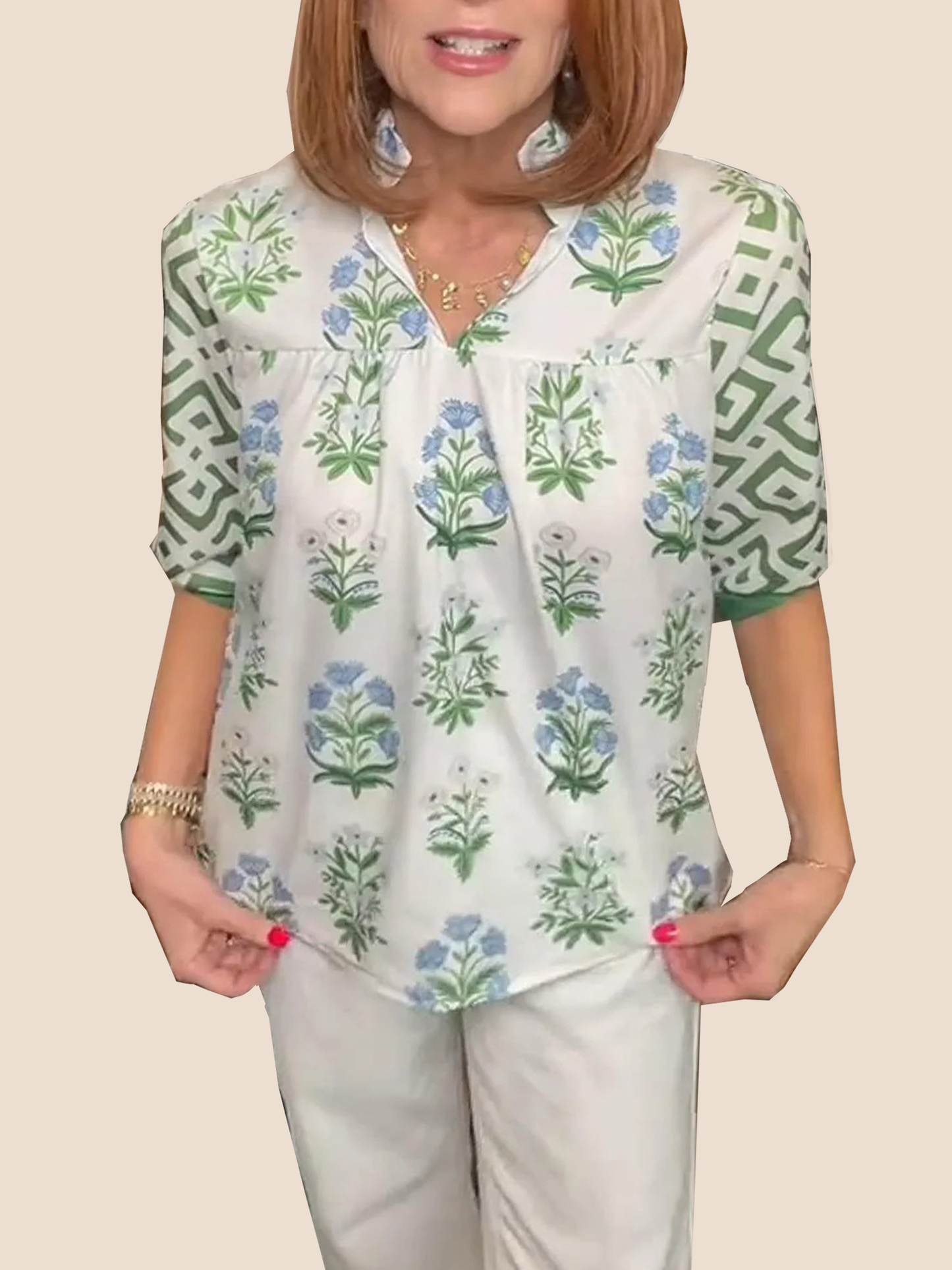 Women's V Neck Puff Sleeve Floral Print Blouse