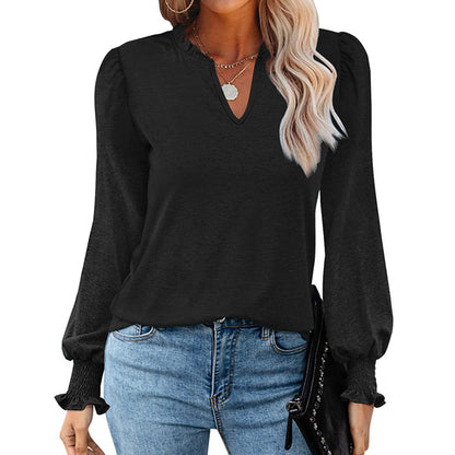 Bubble Sleeve V-neck Loose Casual Tops