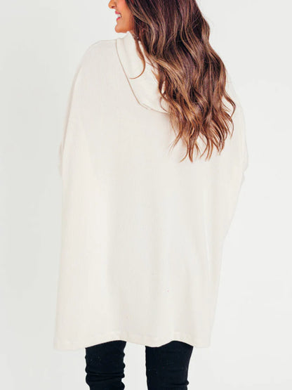 Women's Oversized Bat Sleeve Ribbed Hooded Pullover