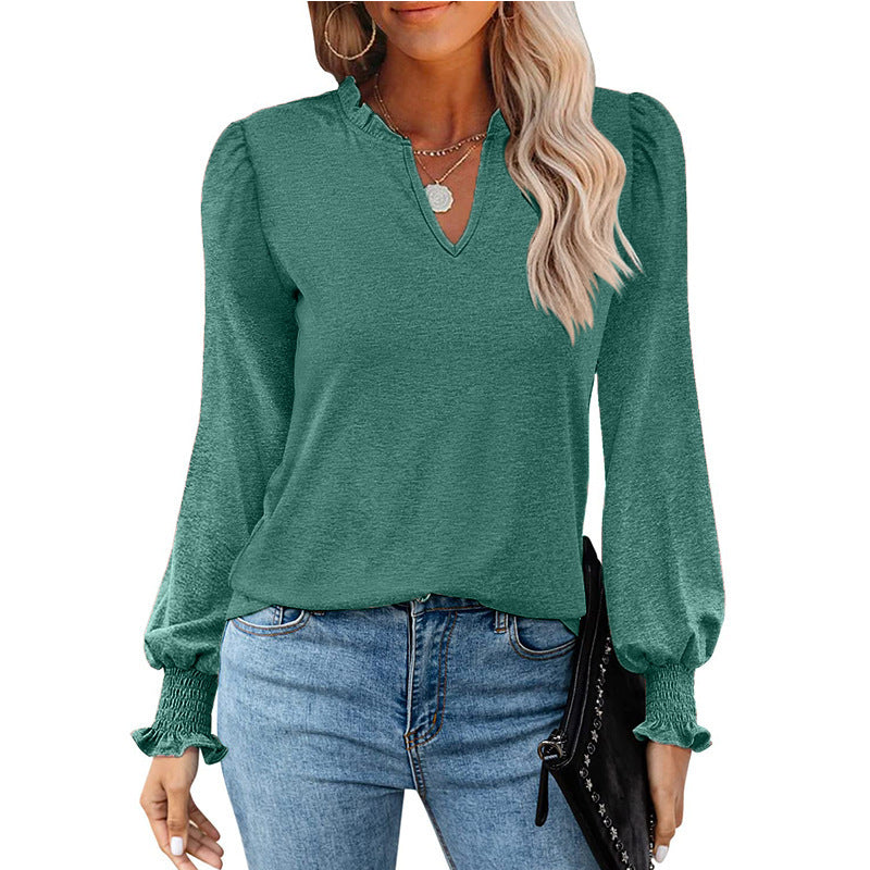 Bubble Sleeve V-neck Loose Casual Tops