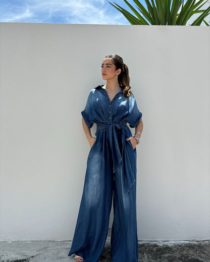 Women's Tie-Waist Wide-Leg Denim Jumpsuit