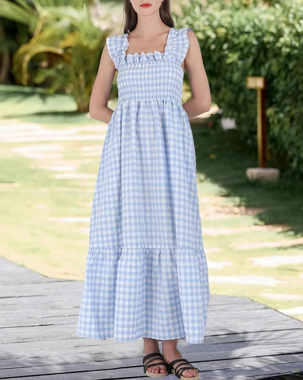 Women's Retro Plaid Smocked Flounce Long Dress