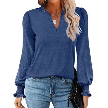 Bubble Sleeve V-neck Loose Casual Tops