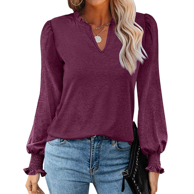 Bubble Sleeve V-neck Loose Casual Tops