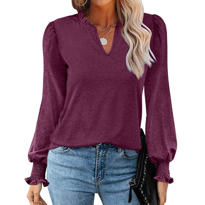 Bubble Sleeve V-neck Loose Casual Tops