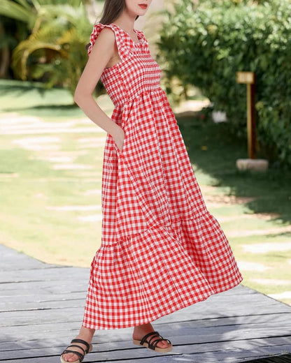 Women's Retro Plaid Smocked Flounce Long Dress