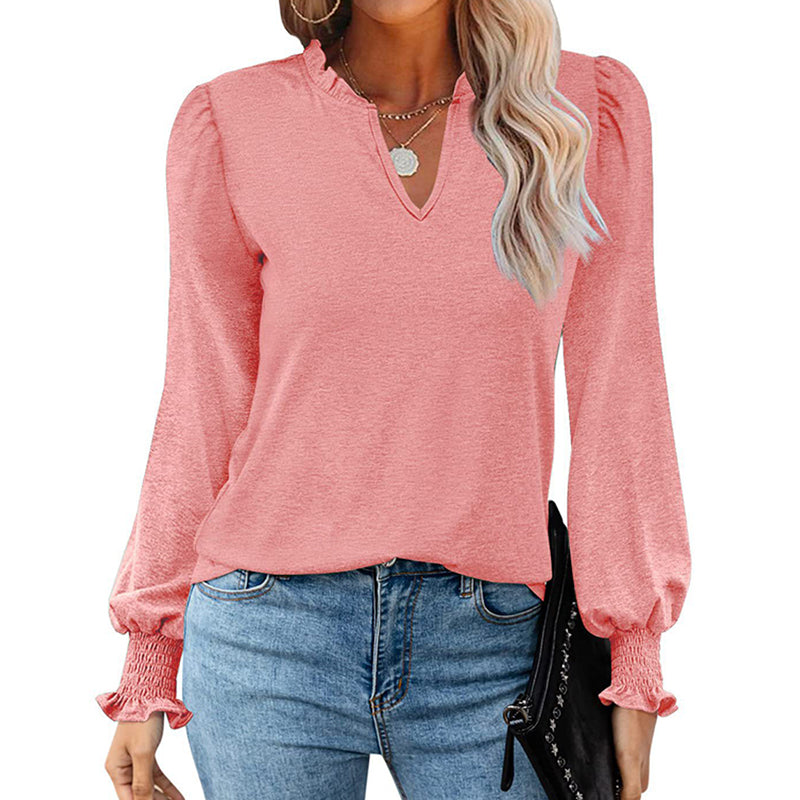 Bubble Sleeve V-neck Loose Casual Tops