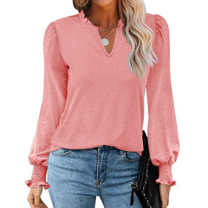 Bubble Sleeve V-neck Loose Casual Tops