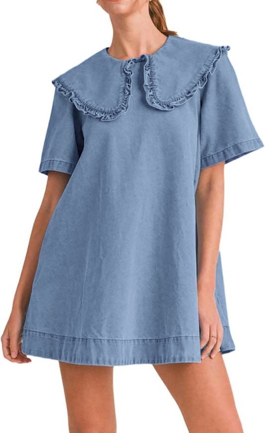 Women's Casual Ruffle Lapel Babydoll Denim Dress