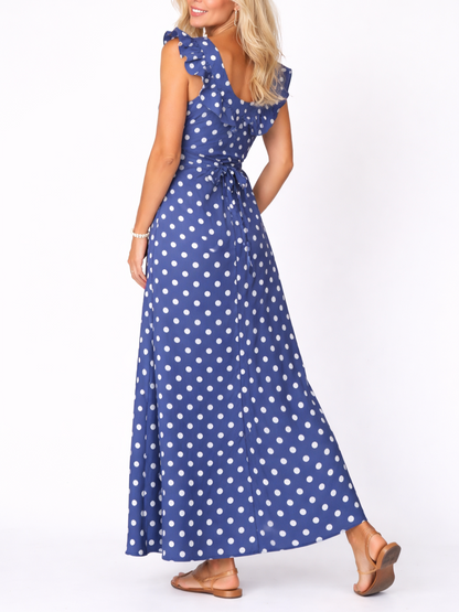 Women's Flutter Sleeve V-Neck Polka Dot Maxi Dress