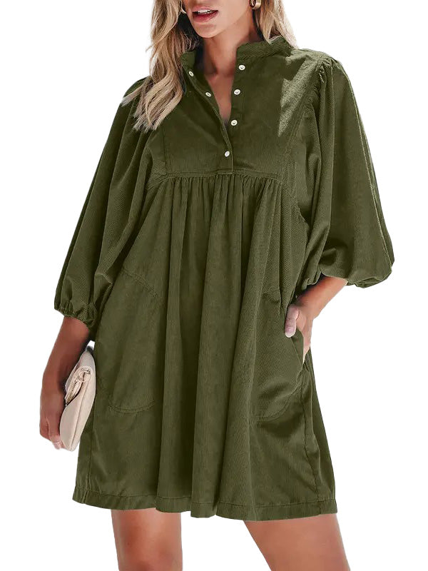 Women Snap Button Corduroy Puff-sleeve Dress