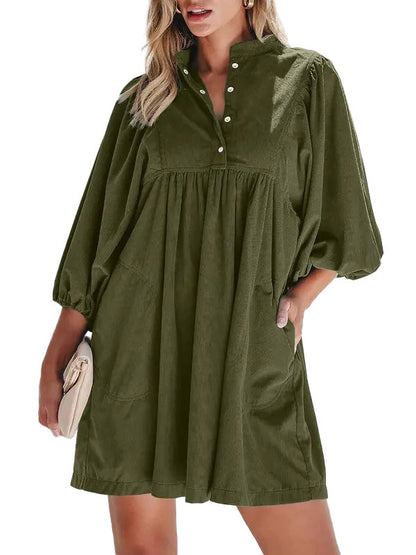 Women Snap Button Corduroy Puff-sleeve Dress