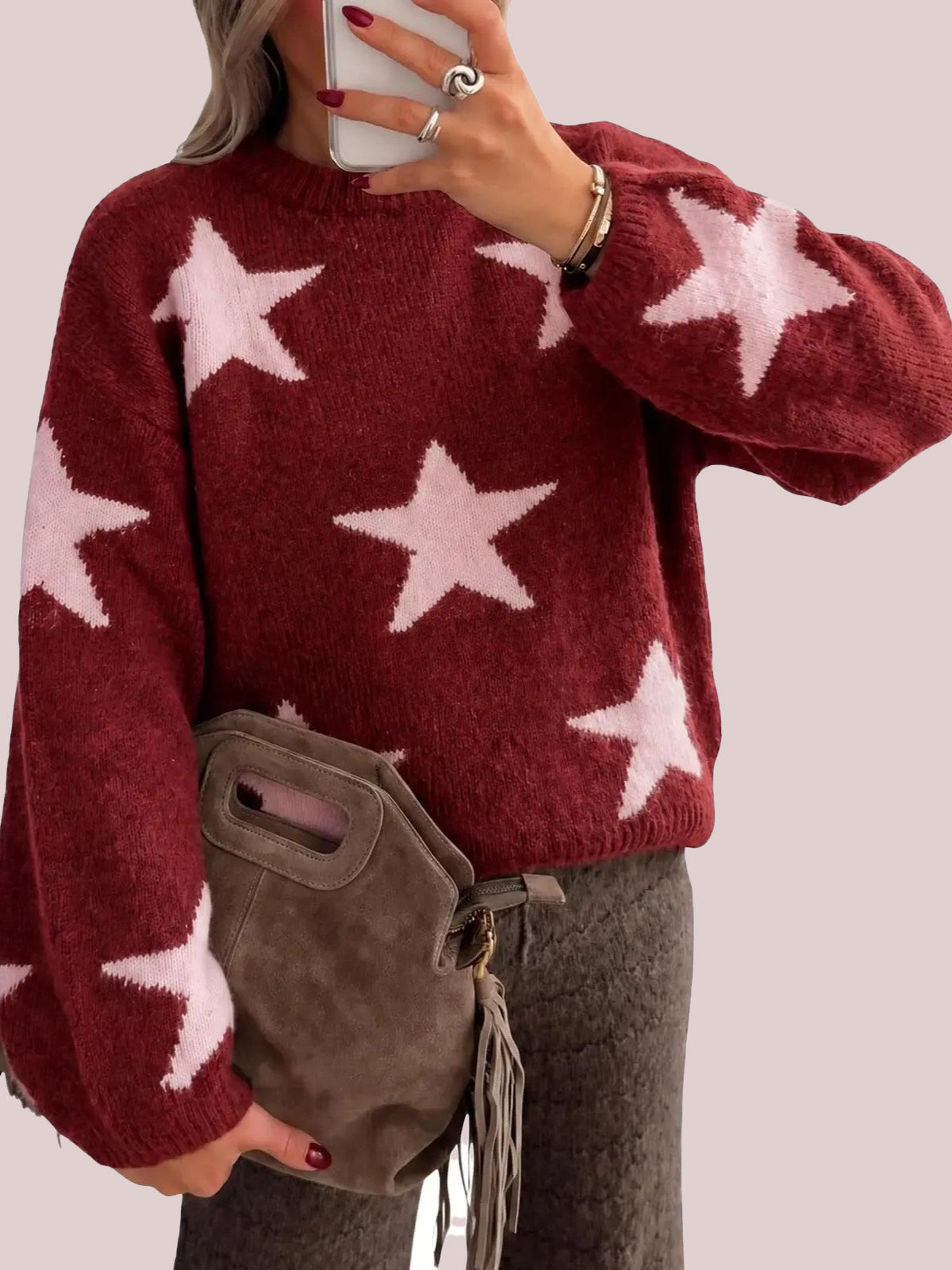 Women's Crew Neck Star Pattern Loose Pullover