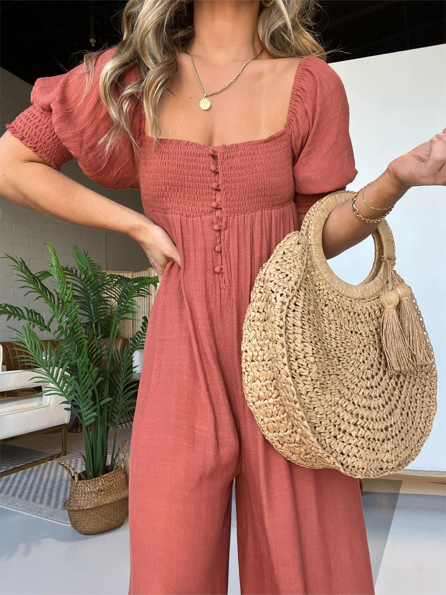 Women's Square Neckline Jumpsuit with Smocked Bodice Button