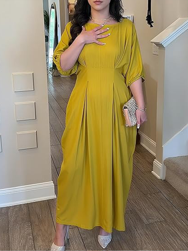 Women's Crew Neck Batwing Sleeve Pleated Midi Dress