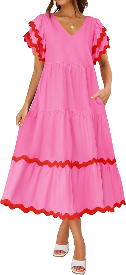 Women's V Neck Flutter Short Sleeve Tiered Long Dress