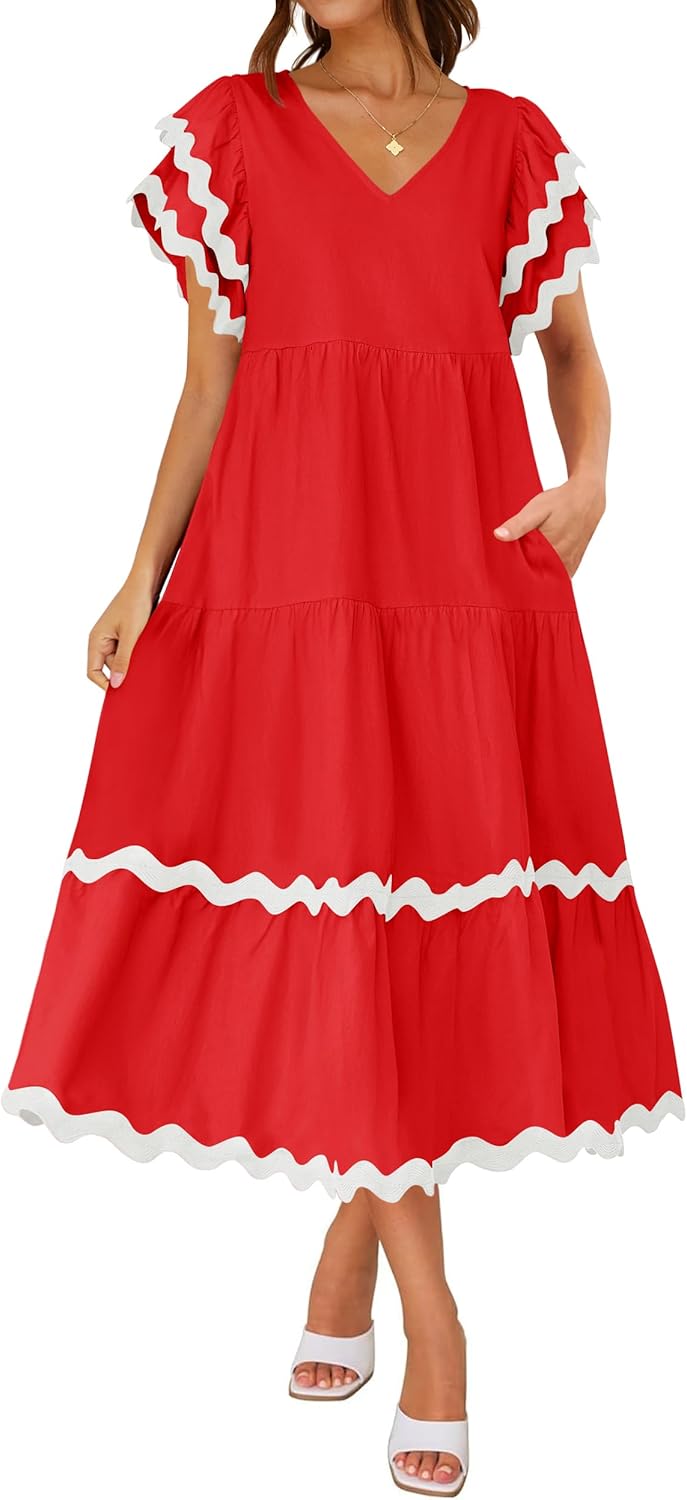 Women's V Neck Flutter Short Sleeve Tiered Long Dress