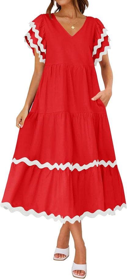 Women's V Neck Flutter Short Sleeve Tiered Long Dress