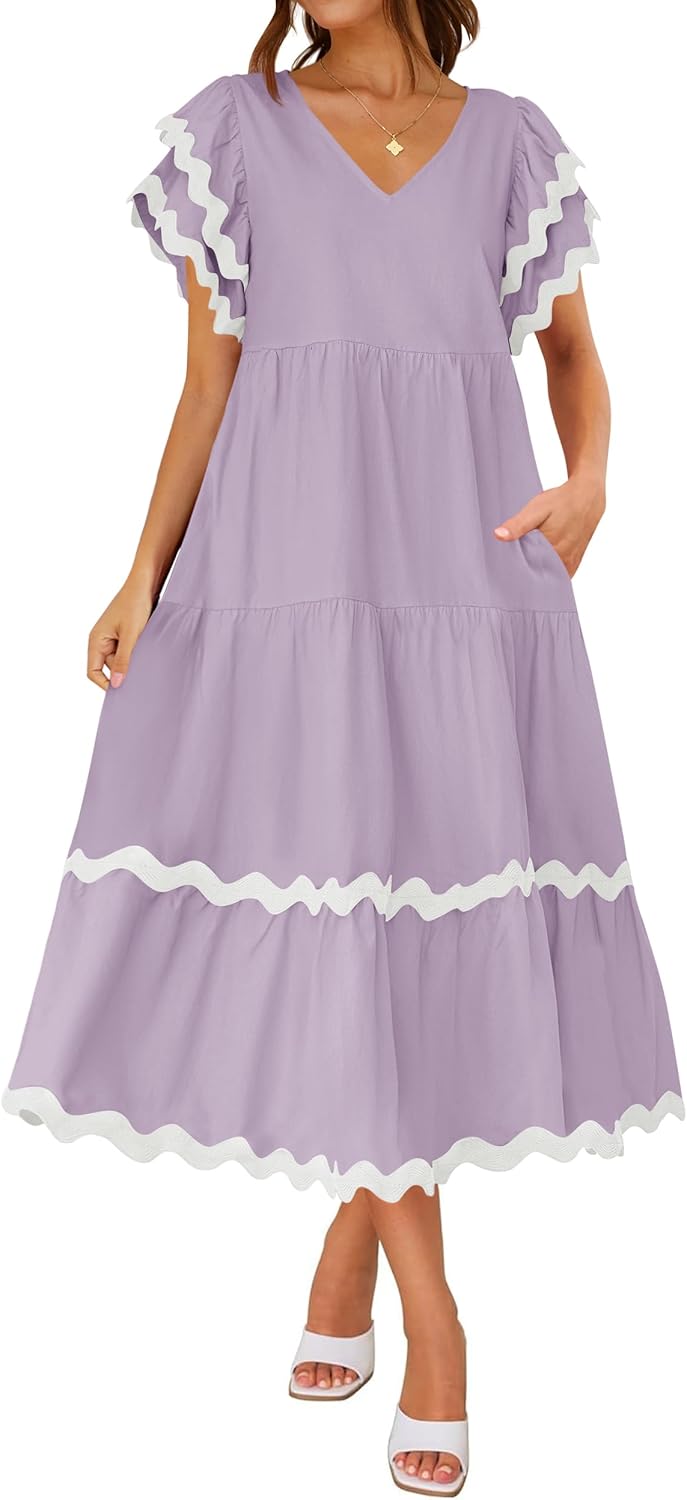 Women's V Neck Flutter Short Sleeve Tiered Long Dress