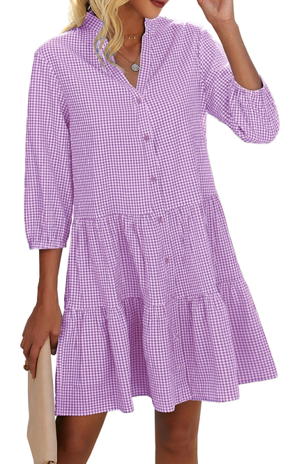 Women's Button Down 3/4 Sleeve Gingham Shirt Dress