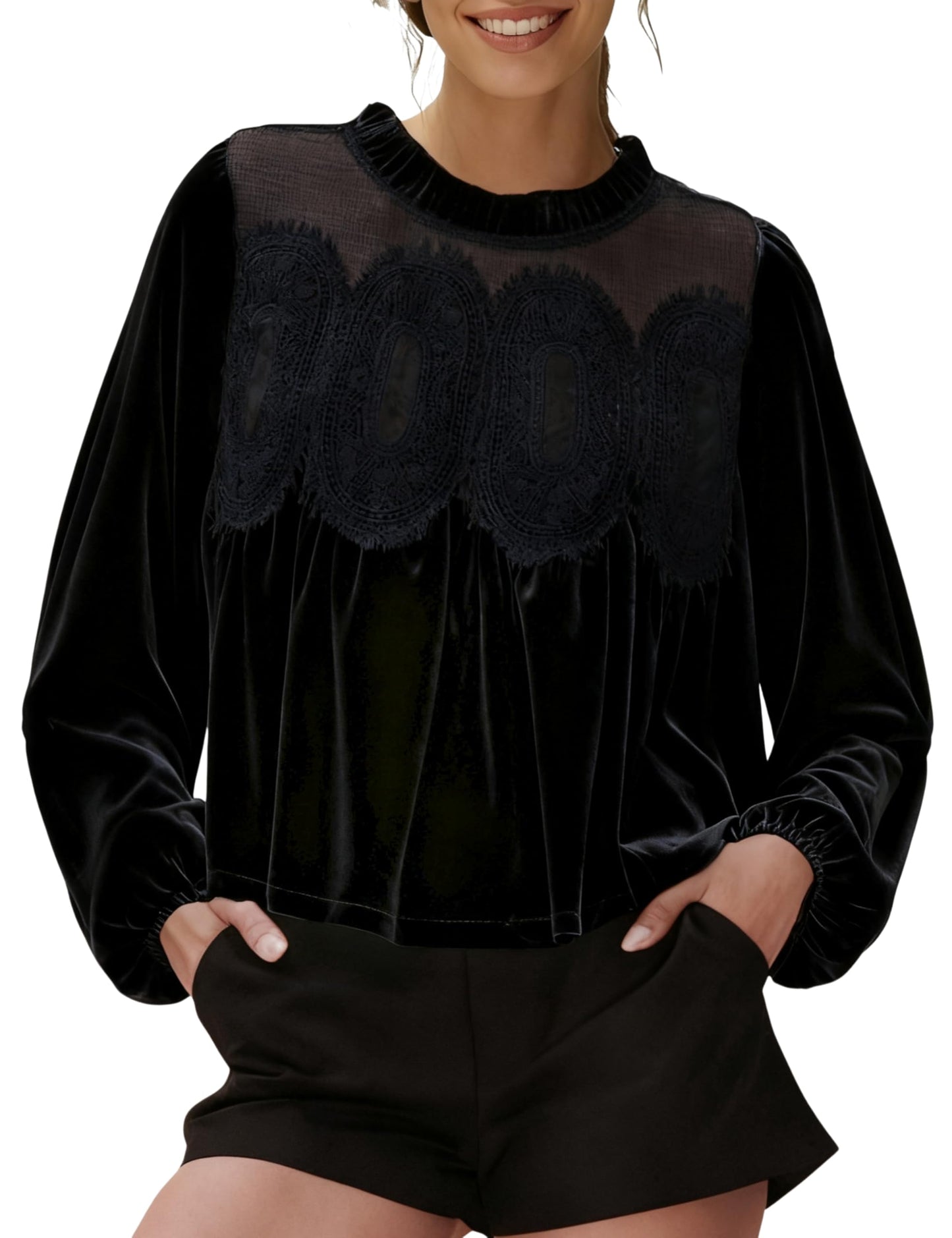 Women's Long Sleeve Velvet Lace Blouse