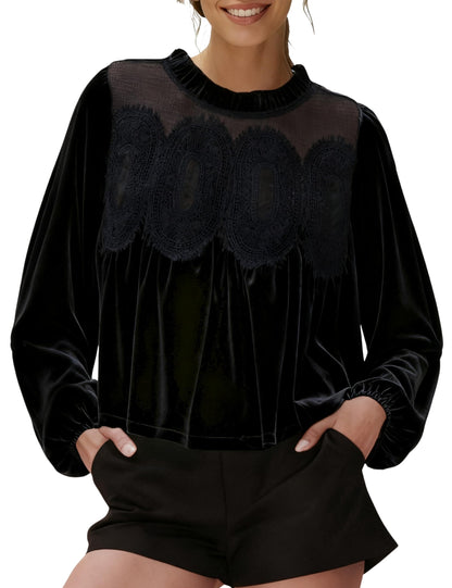 Women's Long Sleeve Velvet Lace Blouse