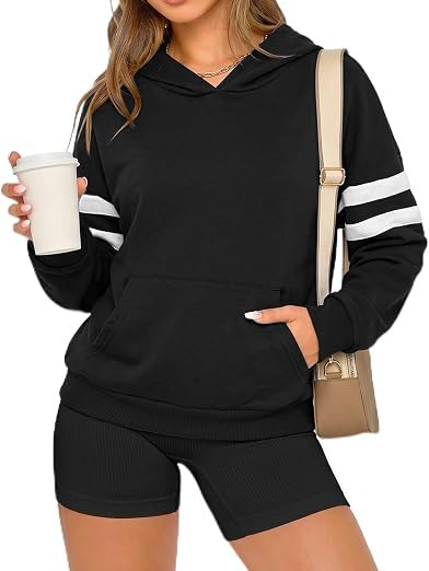 Women's Striped Sleeve Kangaroo Pocket Hoodie