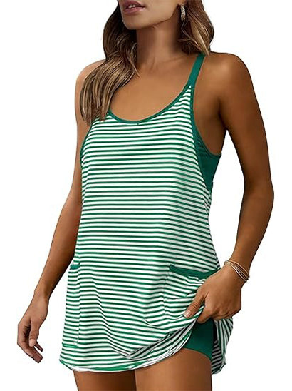 Women's Striped Athletic Mini Dress with Built-in Shorts