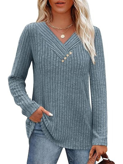 Women's Ribbed V‑Neck Decorative Button Fall Top