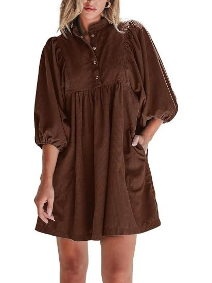 Women's Button Up Empire Waist Corduroy Dress