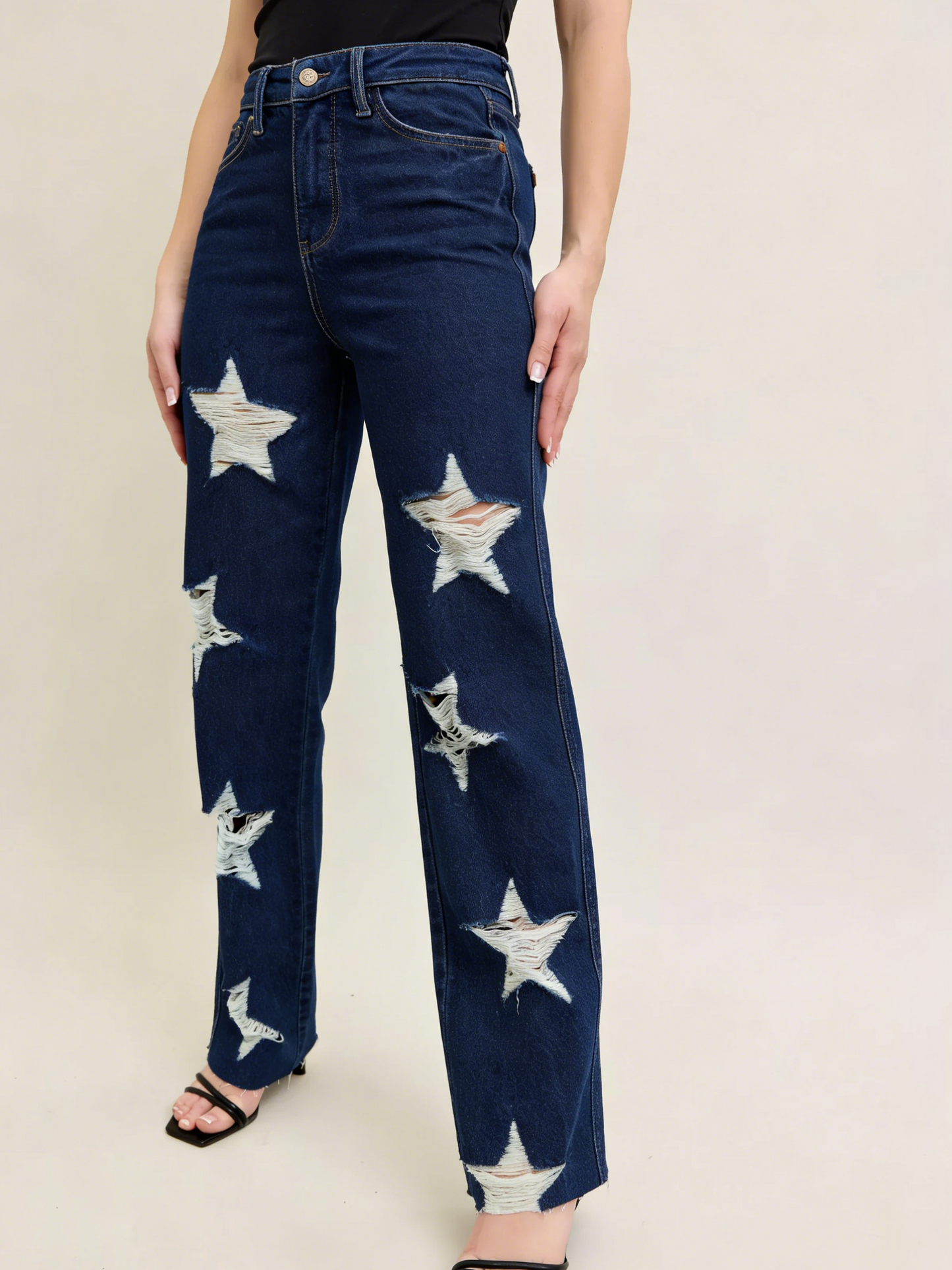 Women's Ripped Star Pattern Straight-Leg Denim Pants