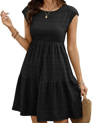 Women's Round Neck Cap Sleeve Textured Tiered Midi Dress