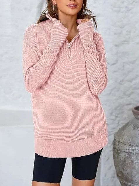 Women's Textured Half‑Zip Collared Top With Thumb Holes