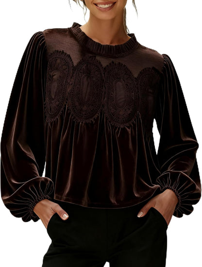 Women's Long Sleeve Velvet Lace Blouse